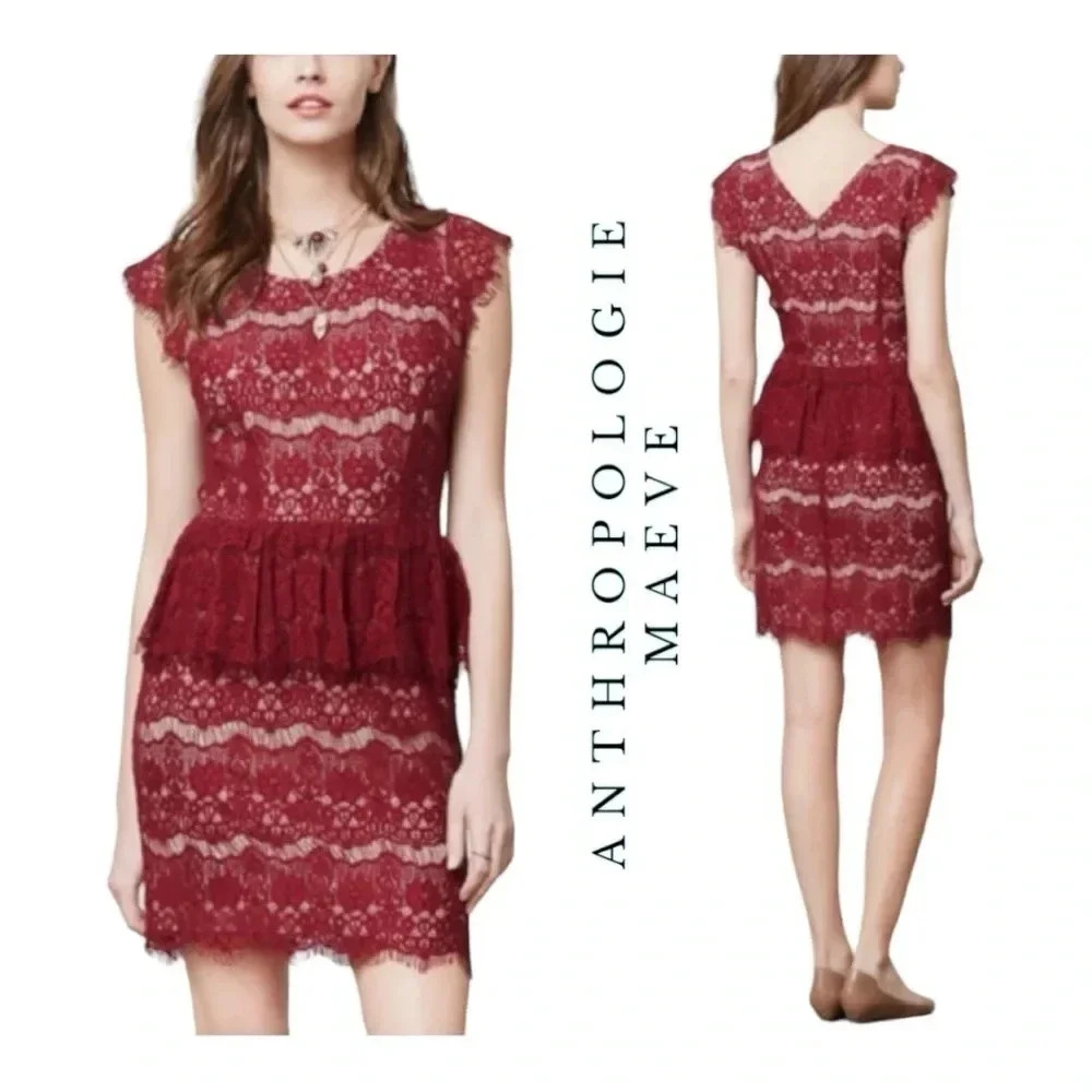 0469W. ANTHROPOLOGIE MAEVE SIZE MEDIUM LACE OVERLAY MAROON AND NUDE LINING
